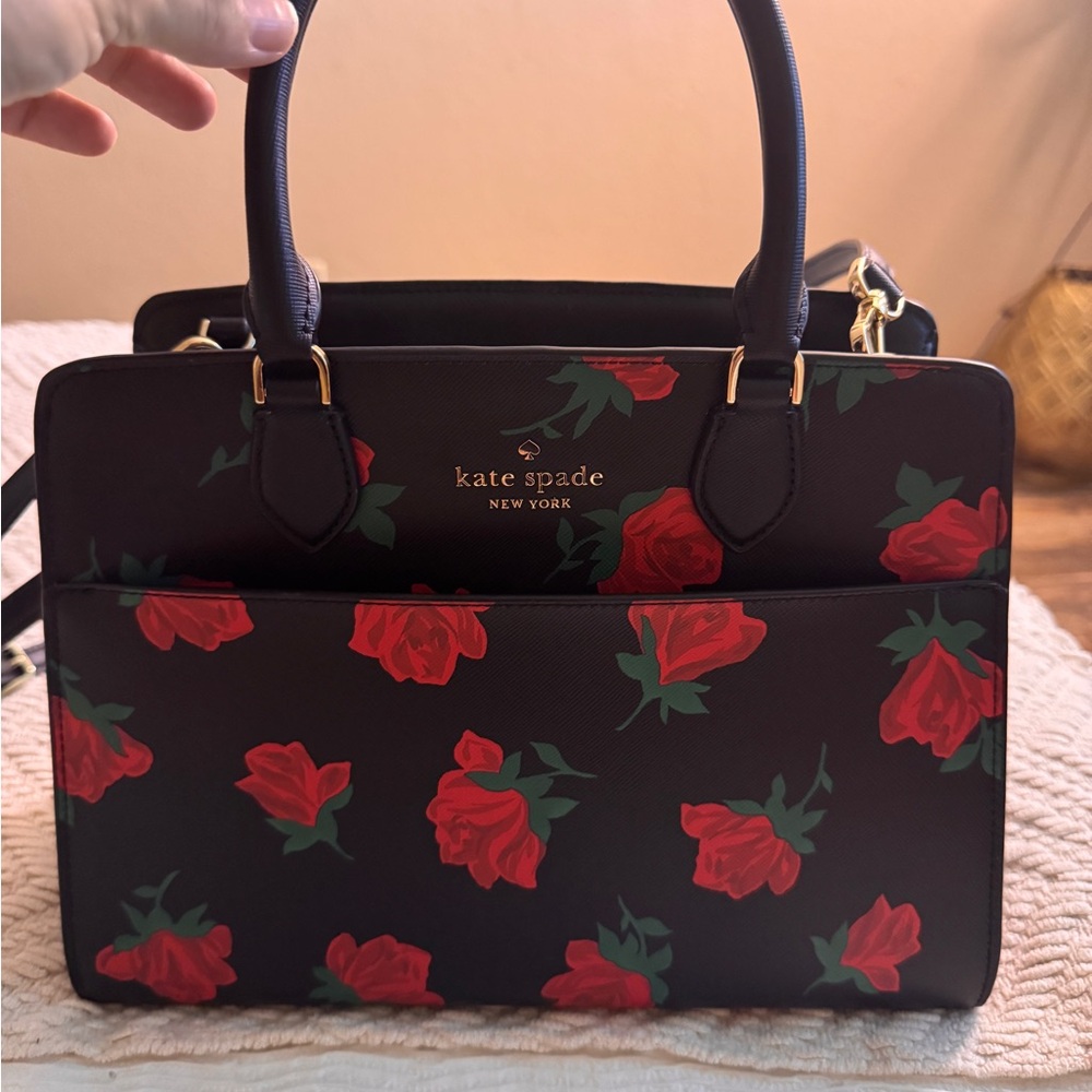 Kate Spade Black Satchel with Red Floral Design